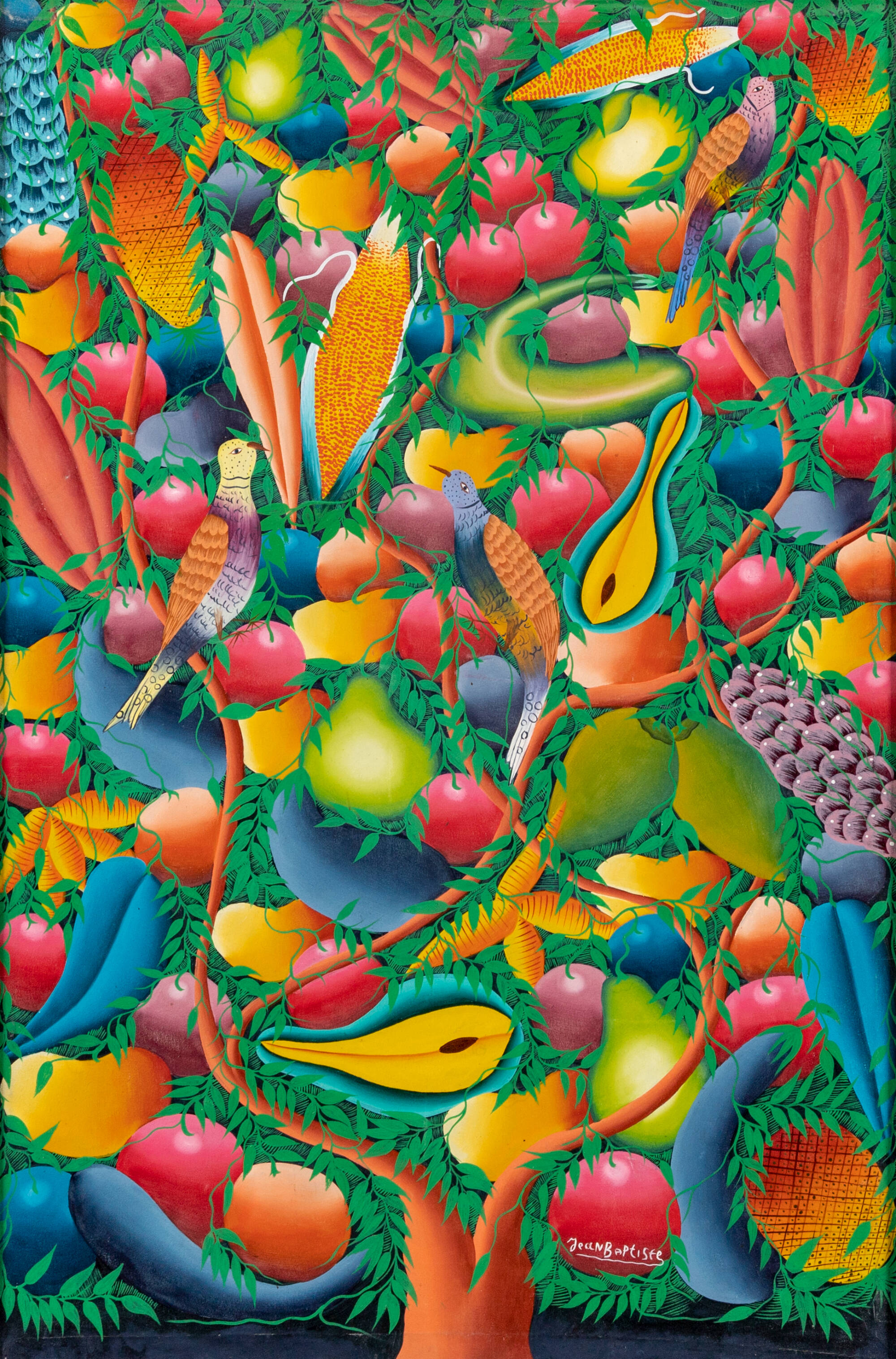 Brightly colored image of a tree full of different fruit, including mangos, pears and plums, and birds.